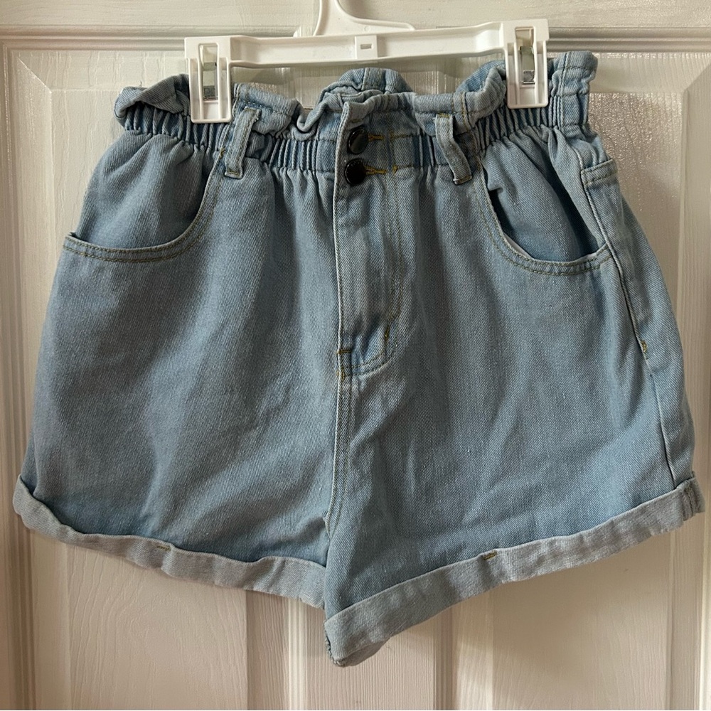 Plaid&Plain Women's High Waisted Denim Shorts Rolled Blue Jean Shorts